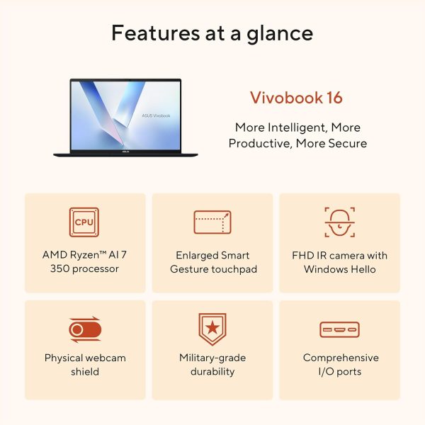 ASUS Vivobook 16 Laptop, Copilot+ PC, 16” WUXGA 60Hz Display, AMD Ryzen AI 7 350 with XDNA NPU, AMD Radeon Graphics, 16GB RAM, 1TB SSD, Quiet Blue, M1607KA-DS76 - Image 4