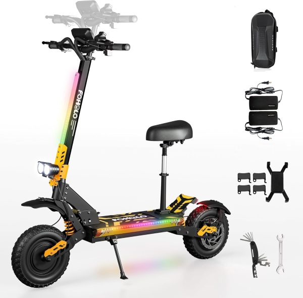 60V Electric Scooter Adults 5600W Dual Motors Top Speed 47MPH, 60V 21Ah Range 55 Miles, 12" All-Terrain Tires Foldable FastScooter with Seat, E-Scooter for Mountains, Off-Road, Road