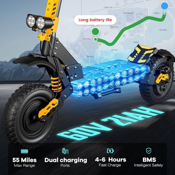 60V Electric Scooter Adults 5600W Dual Motors Top Speed 47MPH, 60V 21Ah Range 55 Miles, 12" All-Terrain Tires Foldable FastScooter with Seat, E-Scooter for Mountains, Off-Road, Road - Image 4