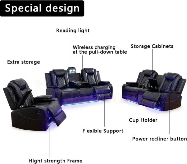 Multifunction Power Recliner Couch Set with LED Light, Storage Console, Cup Holders, USB Charging Port (3Piece, Black) - Image 5