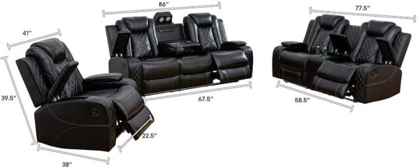 Multifunction Power Recliner Couch Set with LED Light, Storage Console, Cup Holders, USB Charging Port (3Piece, Black) - Image 6