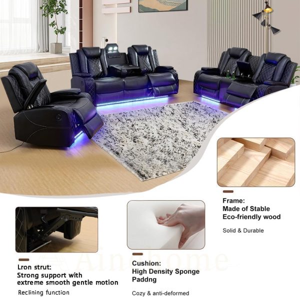 Multifunction Power Recliner Couch Set with LED Light, Storage Console, Cup Holders, USB Charging Port (3Piece, Black) - Image 4