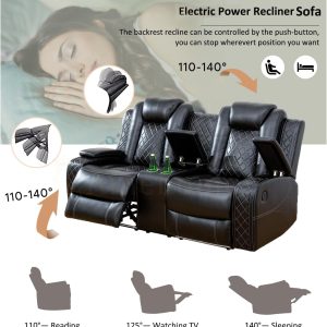 Multifunction Power Recliner Couch Set with LED Light, Storage Console, Cup Holders, USB Charging Port (3Piece, Black)