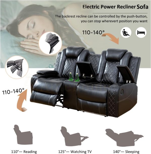 Multifunction Power Recliner Couch Set with LED Light, Storage Console, Cup Holders, USB Charging Port (3Piece, Black) - Image 2