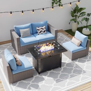 Wisteria Lane Patio Furniture Set for All Wheather, 5 Pieces Wicker Outdoor Furniture Set with Washable Cushions & Fire Pit Table, Oversized Outdoor Sectional for Garden, Poolside, Backyard, Blue