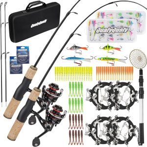 ice fishing rod and reel combo, 28'' ice fishing rod set inline reels lures set ice cleat portable complete kit with carrier bag/folding stool and fishing line ice fishing gear