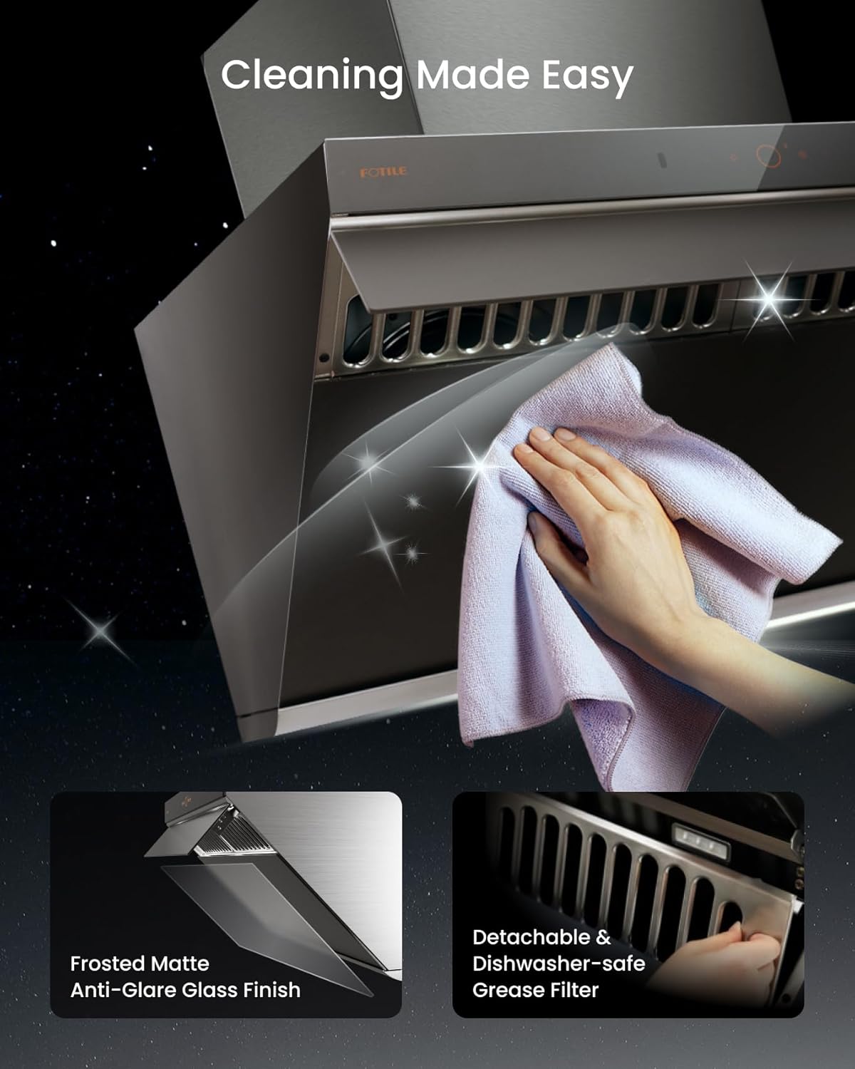 FOTILE Prestige Performance Series Under Cabinet or Wall Mount Kitchen Range Hood 1100 CFM 4 Speed Level with LED Lights, Fingerprint Resistance and Motion Control (Moonshadow, 30 Inch) - Image 9