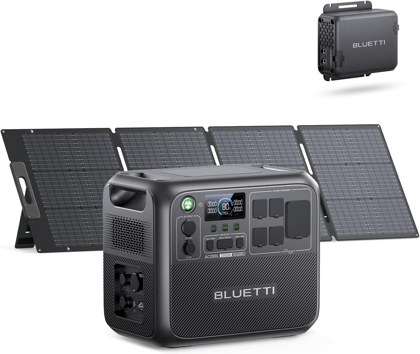 BLUETTI AC200L Solar Generator with 200W Panel and Charger 1 (Ships Separately), 2048Wh LFP Portable Power Station, w/4 2400W AC (3600W Lifting), 560W DC-DC Car Charger, for RV, Camping, Emergency Use