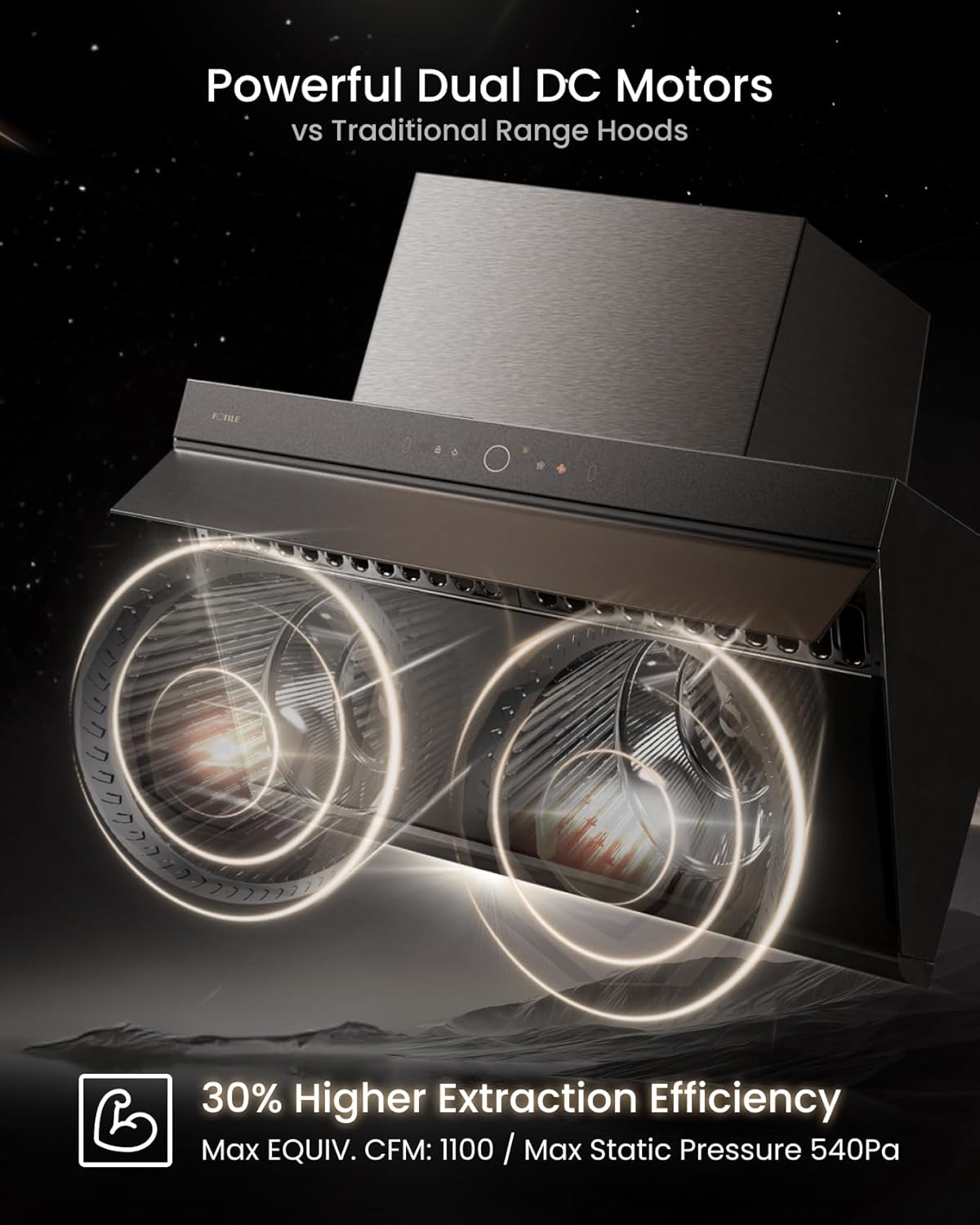 FOTILE Prestige Performance Series Under Cabinet or Wall Mount Kitchen Range Hood 1100 CFM 4 Speed Level with LED Lights, Fingerprint Resistance and Motion Control (Moonshadow, 30 Inch) - Image 4